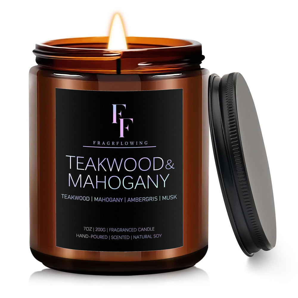 FF FRAGRFLOWING Teakwood Mahogany candle jar creates a warm, sophisticated living room ambiance.