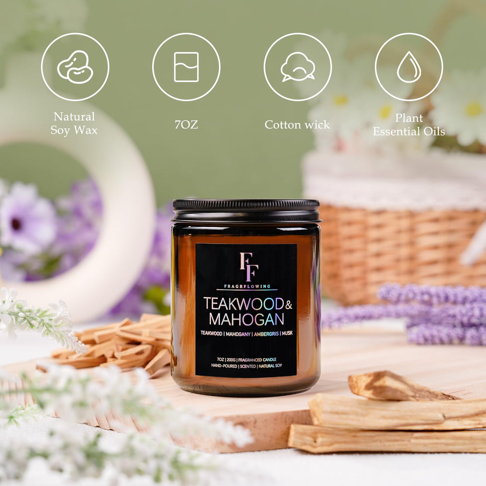 FF FRAGRFLOWING Teakwood Mahogany candle soy wax close-up emphasizing eco-friendly ingredients.