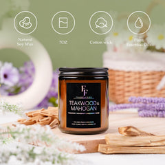 FF FRAGRFLOWING Teakwood Mahogany candle soy wax close-up emphasizing eco-friendly ingredients.