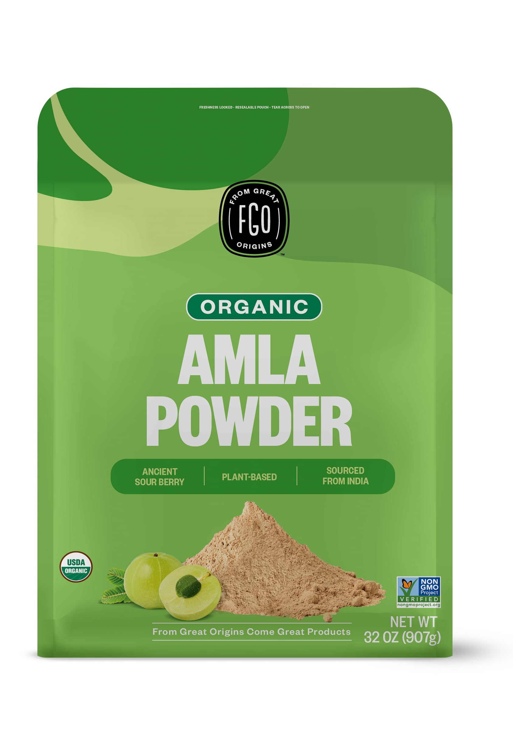 FGO Organic Amla powder bag with resealable pouch preserves freshness for daily use