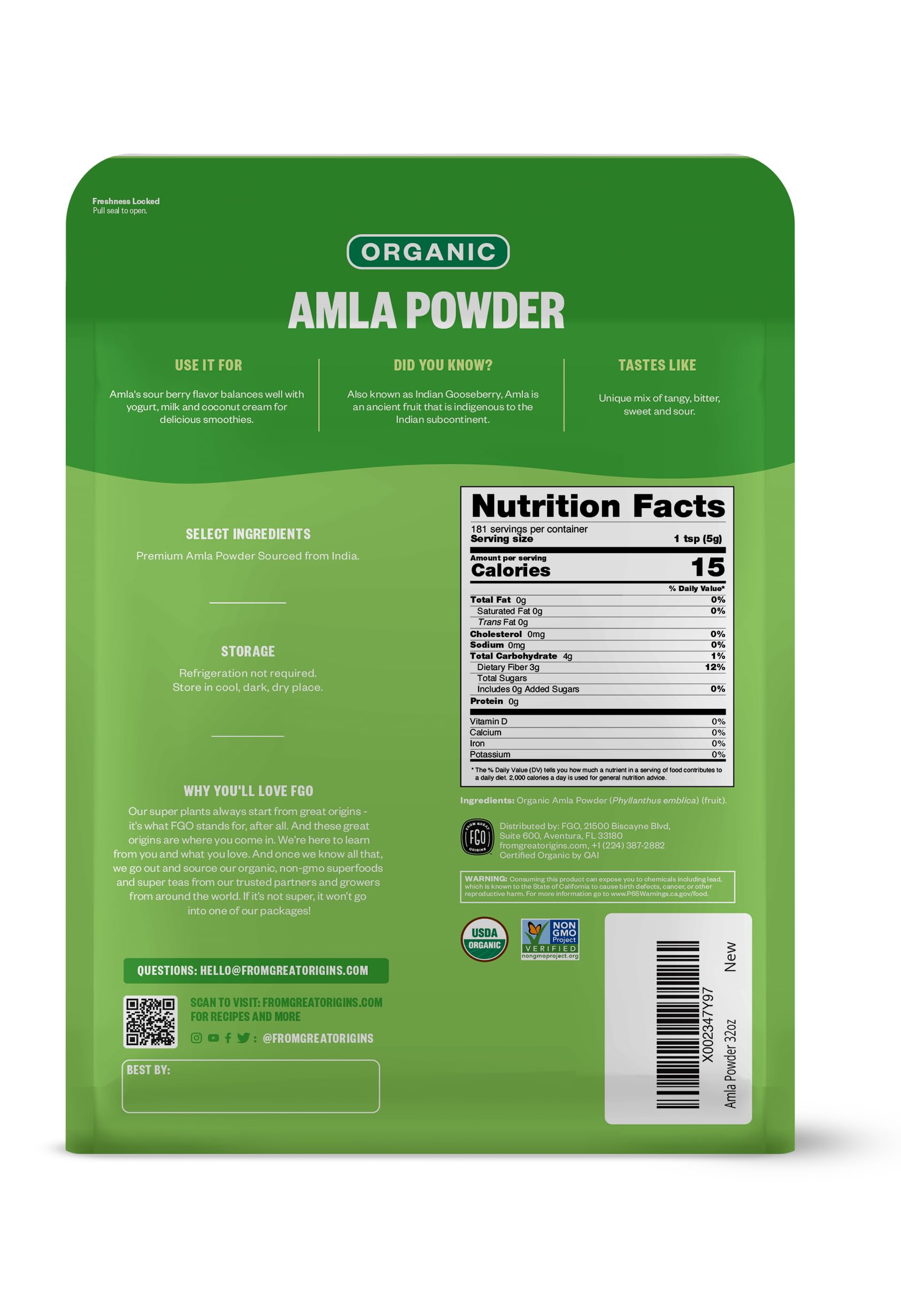 Close-up of FGO amla powder texture shows fine, tangy powder