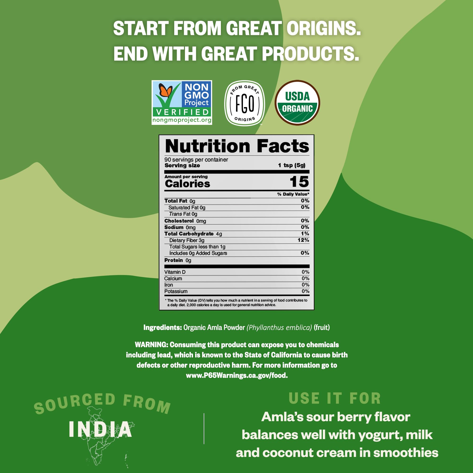 FGO amla powder label features USDA Organic and Non-GMO seals