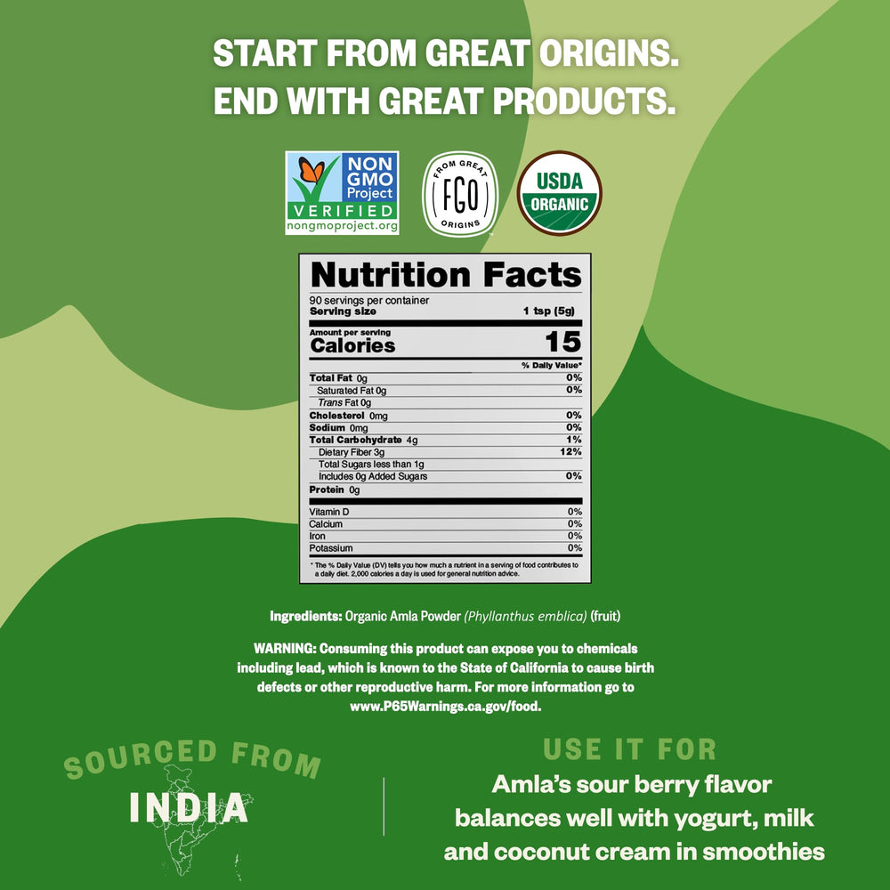 FGO amla powder label features USDA Organic and Non-GMO seals