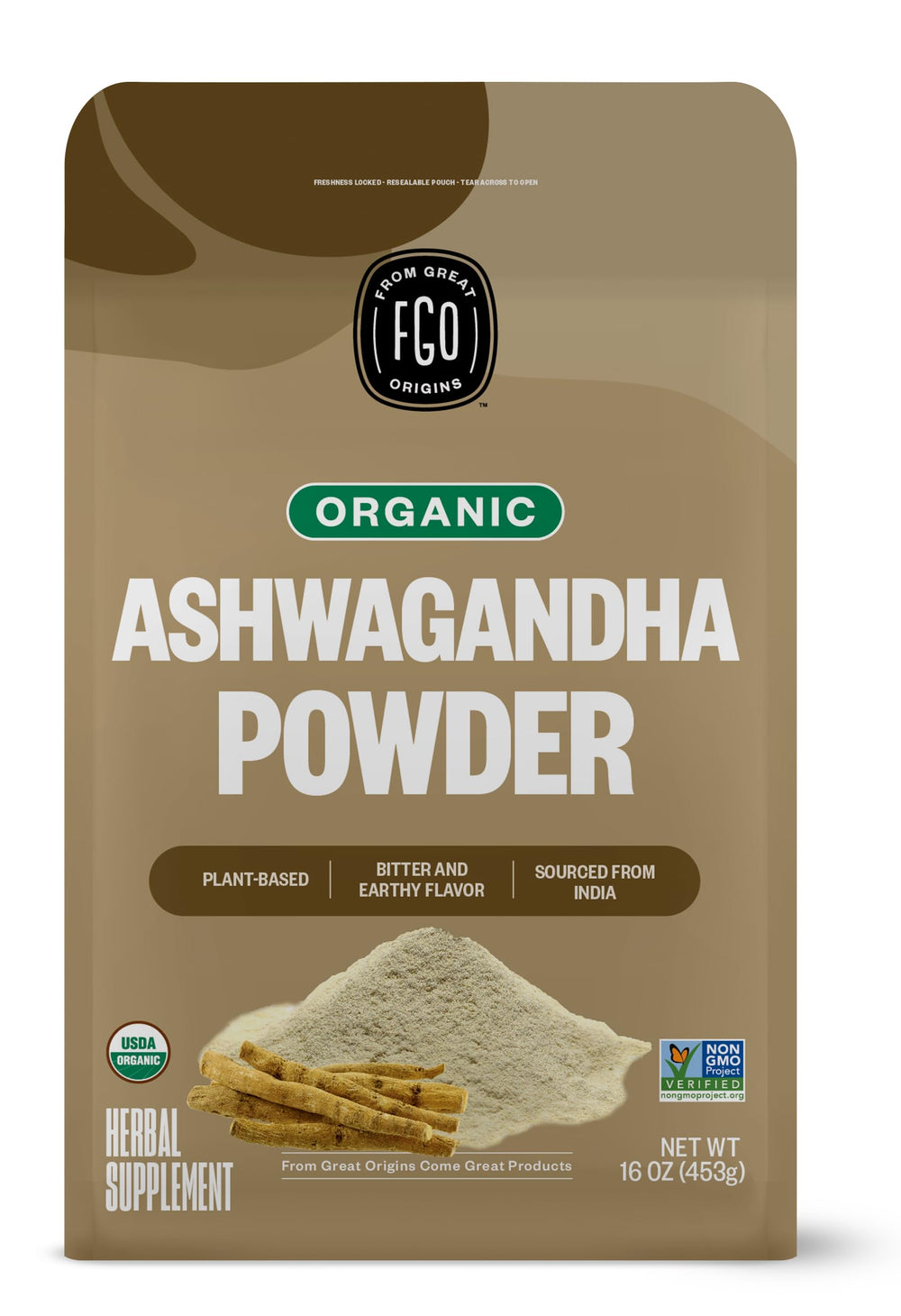 FGO Ashwagandha root powder bulk bag ready for easy daily use.