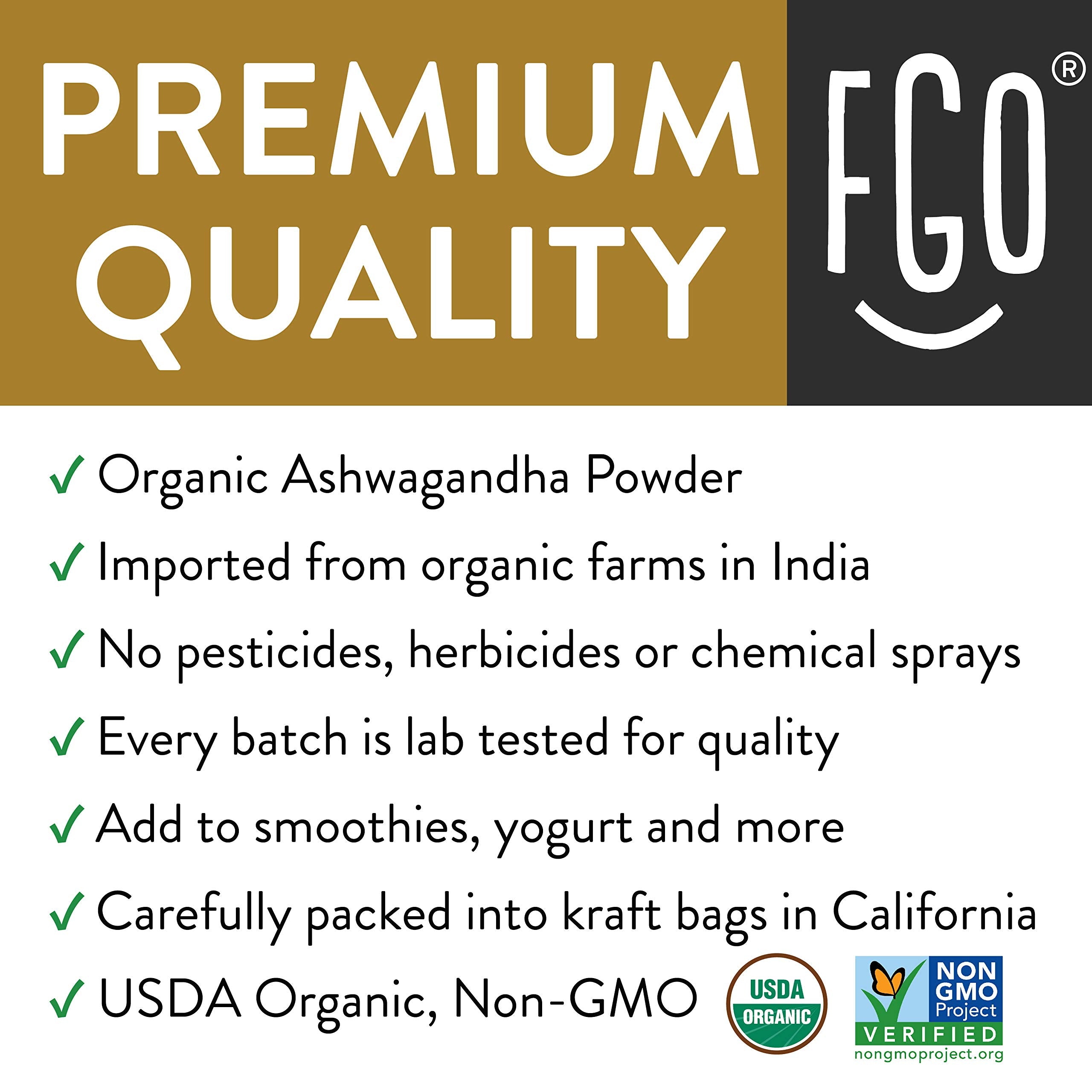 FGO Organic Ashwagandha powder with USDA Organic and Non-GMO seals.