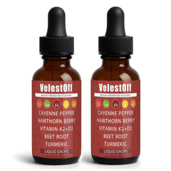 Fibosara Velestoff Cayenne Drops bottle closeup for daily vitality support.