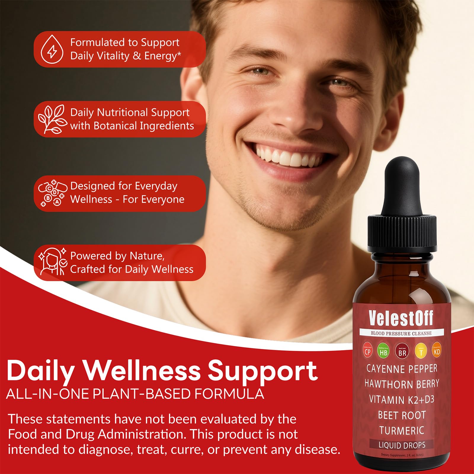 Fibosara Velestoff Cayenne Drops under tongue for fast sublingual absorption.