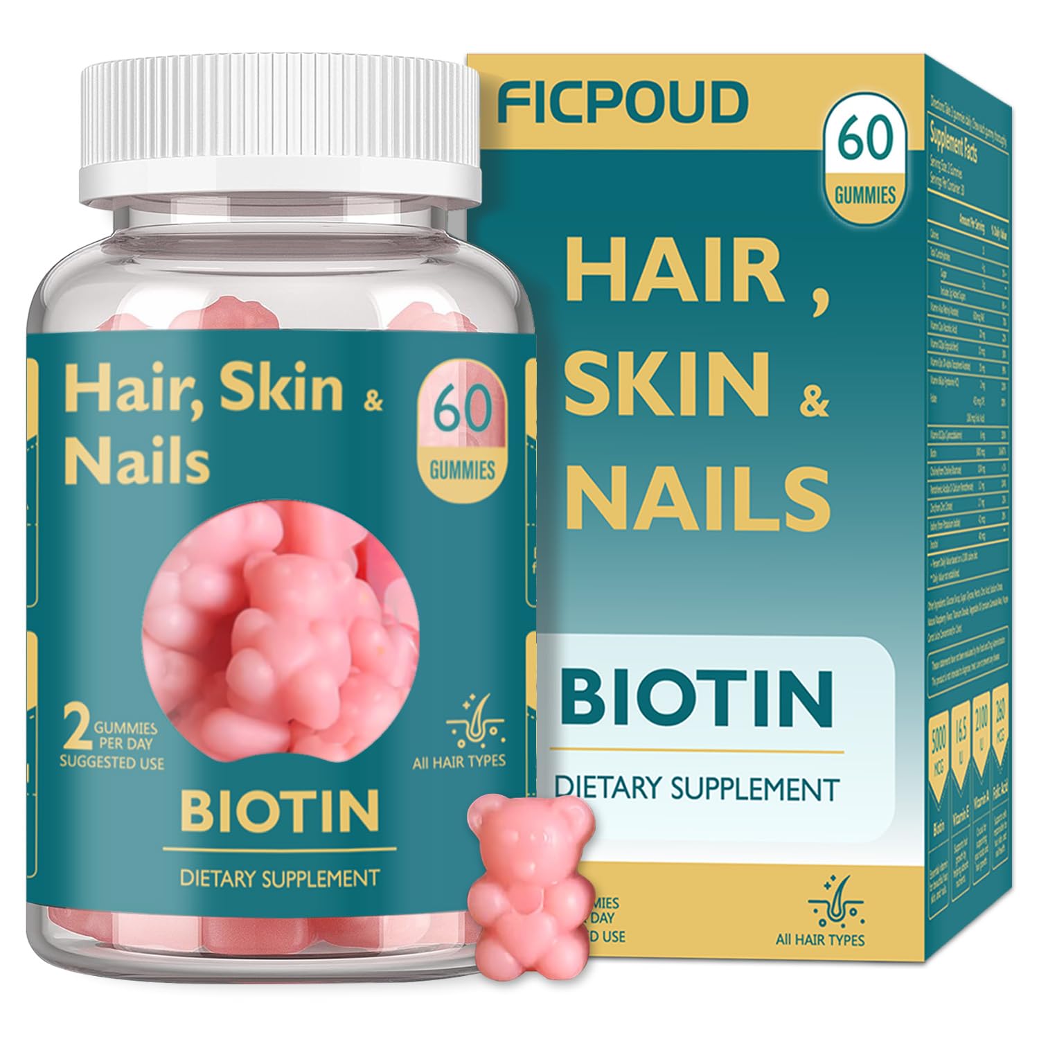 Ficpoud Biotin Gummies bottle shows vegan and gluten-free beauty support