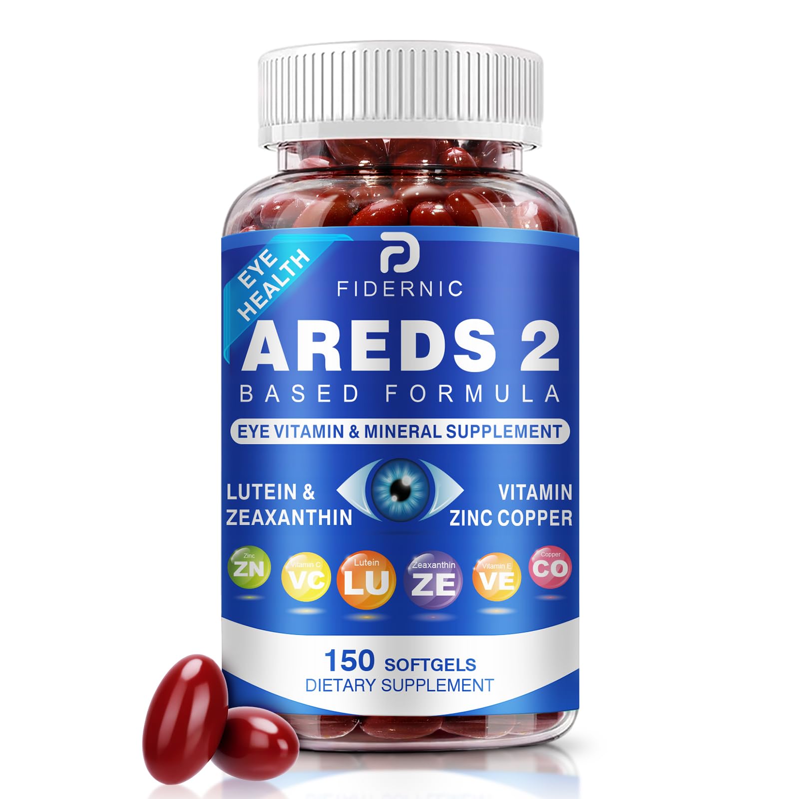 FIDERNIC AREDS2 eye vitamin bottle front view promotes macular nutrition with convenient daily softgels.