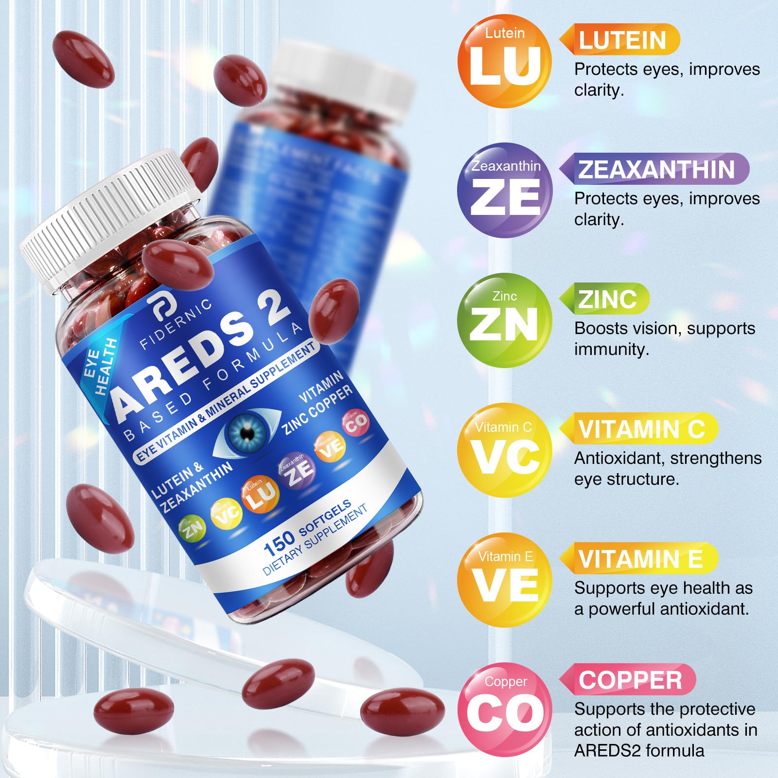 FIDERNIC AREDS2 vitamin C and E blend conveys robust daytime antioxidant support for eyes.