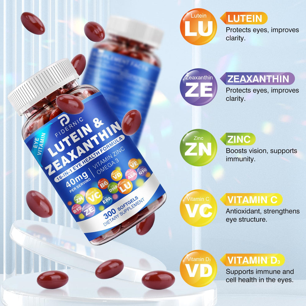 FIDERNIC ingredient panel visual – omega-3s and CoQ10 accompany carotenoids for nourishment.