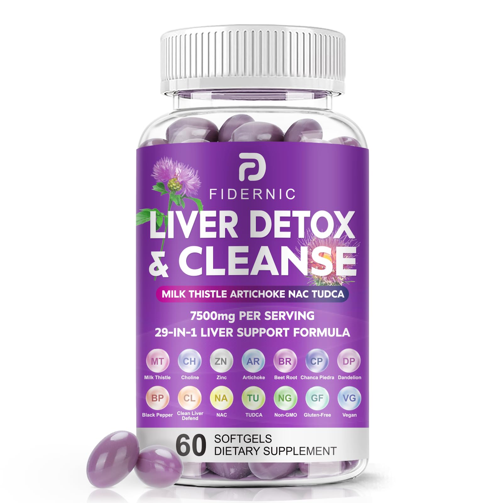 FIDERNIC Liver Cleanse bottle and two softgels for daily liver support