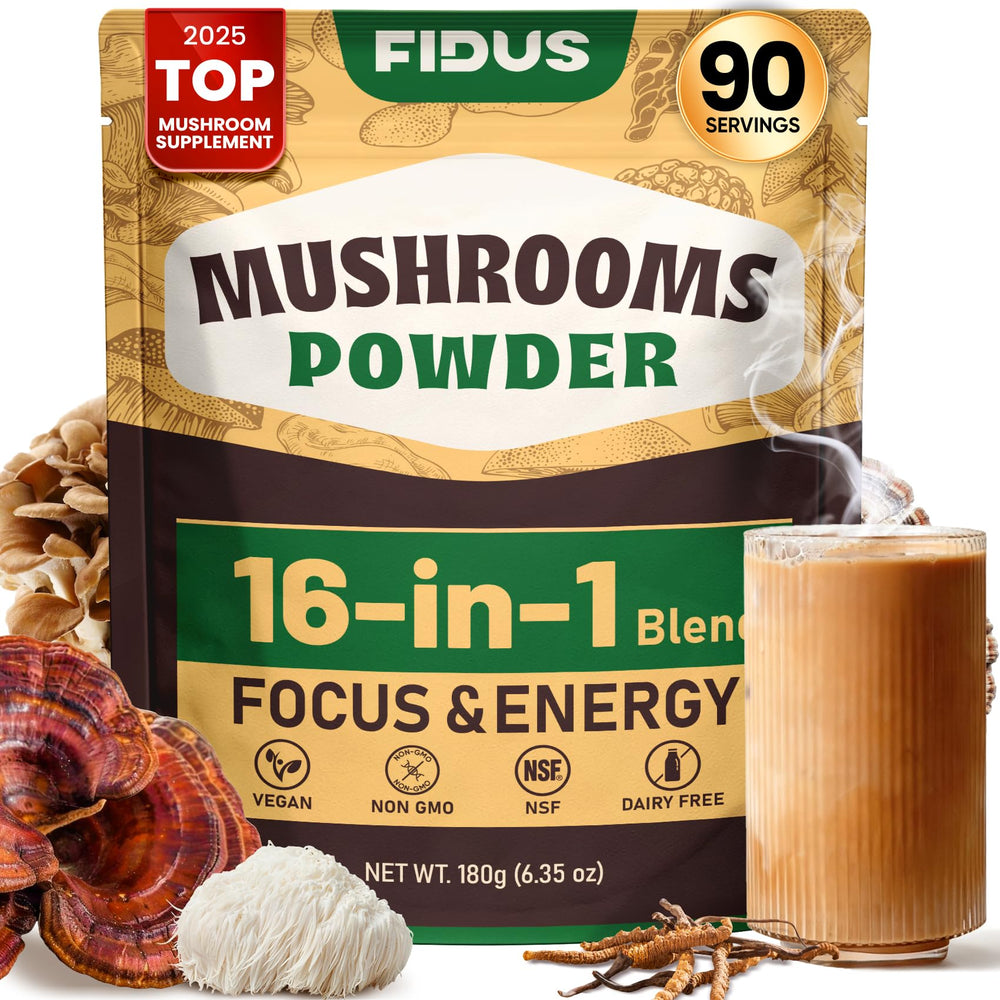 Fidus 16 mushroom powder bottle with 90 servings for daily immune support.