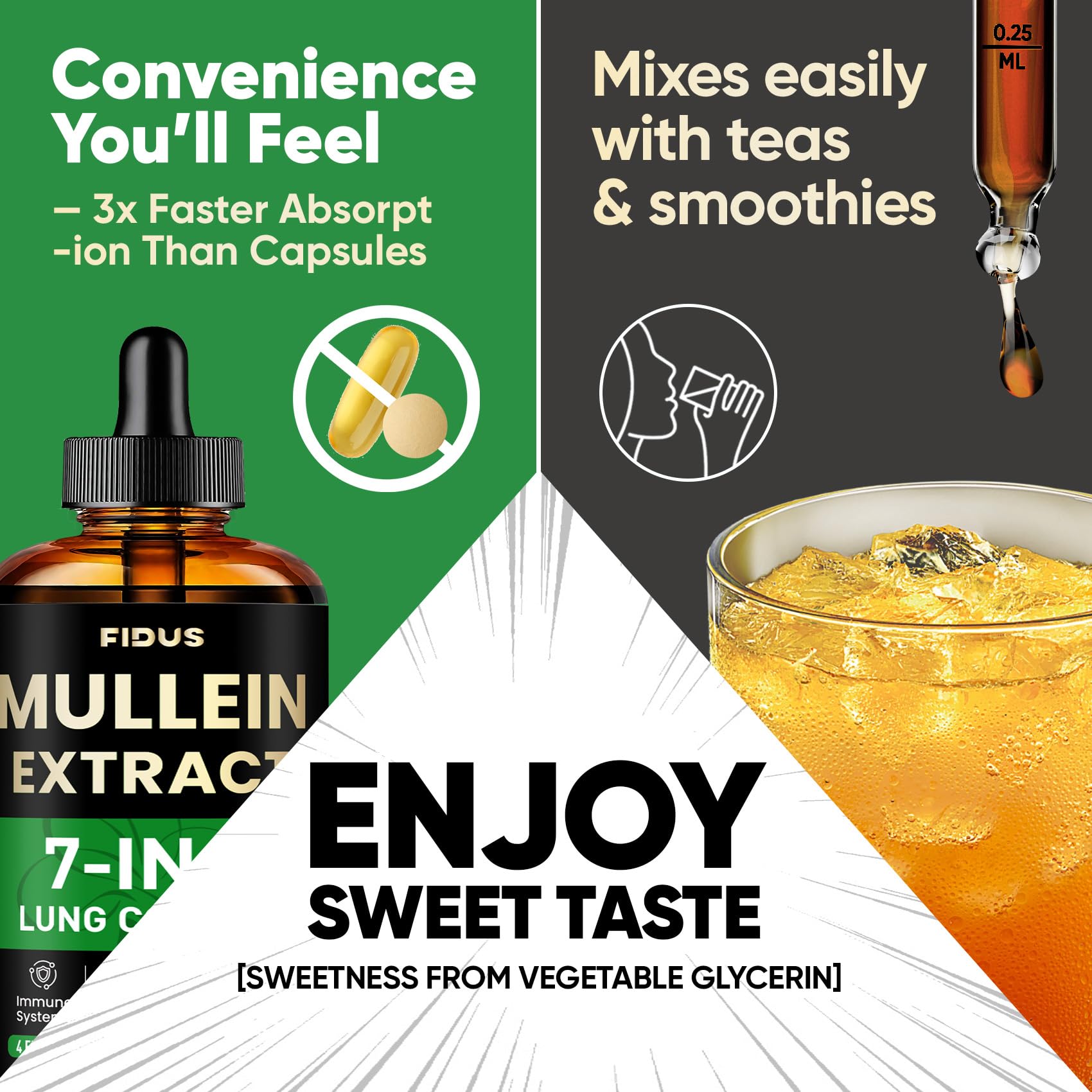No artificial dyes highlighted on Fidus Mullein Drops packaging for pure wellness.