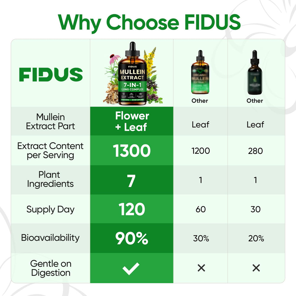 Close-up of the seven-herb blend on Fidus drops packaging for respiratory care.