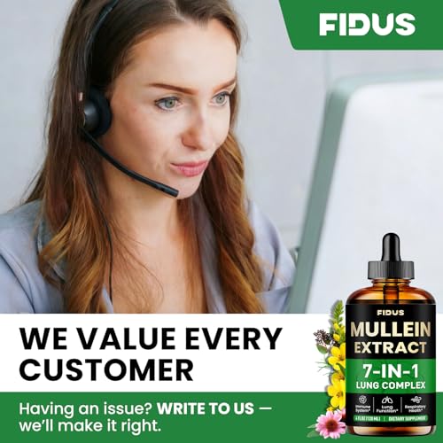 Fidus Mullein Drops photographed beside fresh herbs for a natural remedy.