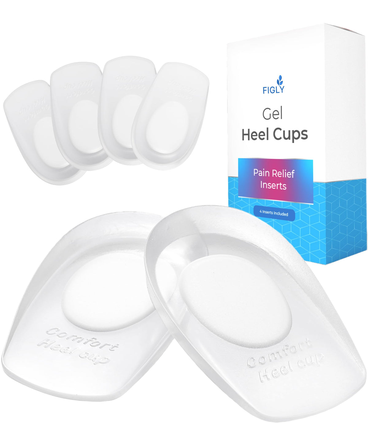 Figly heel cushions 4-pack packshot showing discreet gel pads for daily wear and comfort.