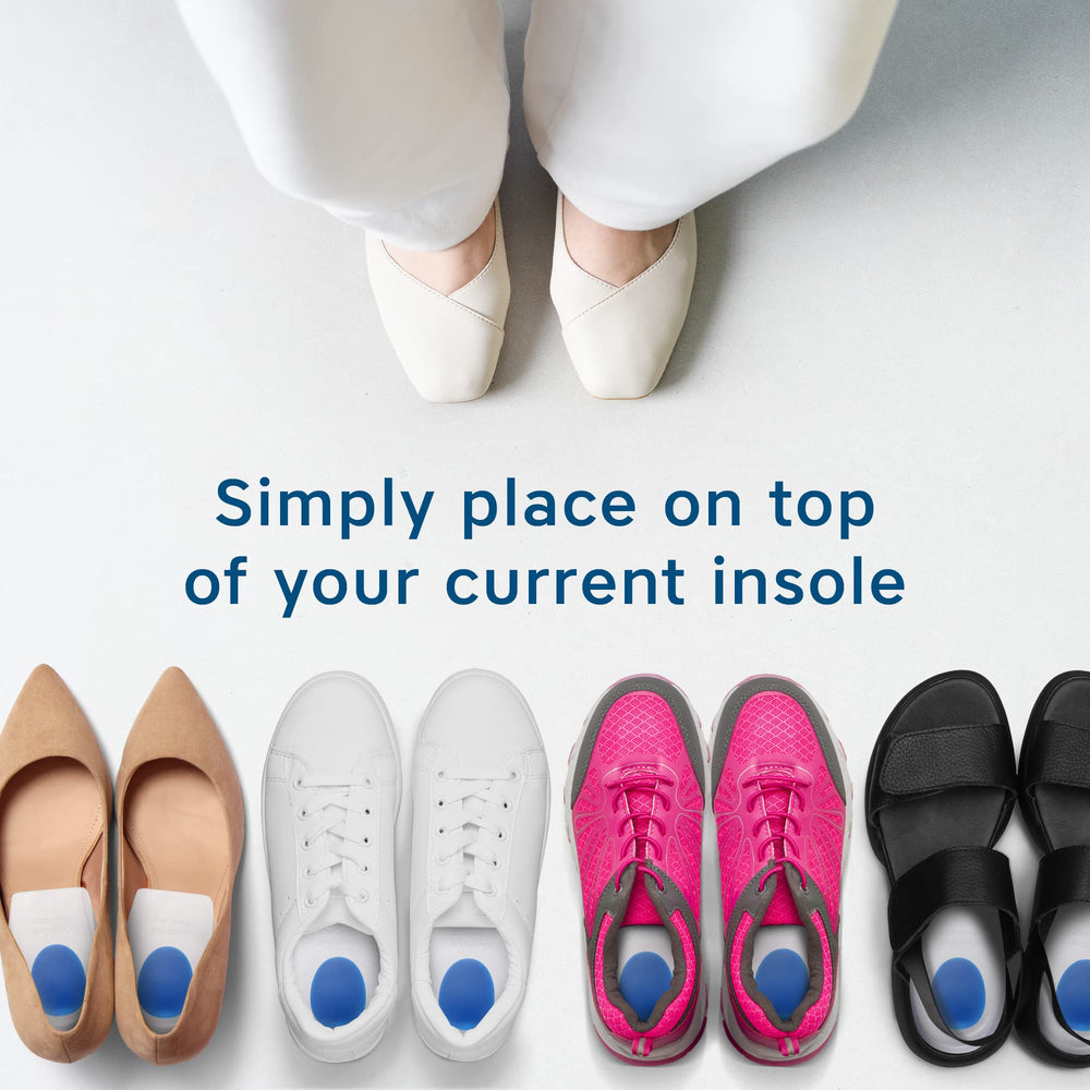 Figly heel pads attached to shoes illustrating secure wear and stability