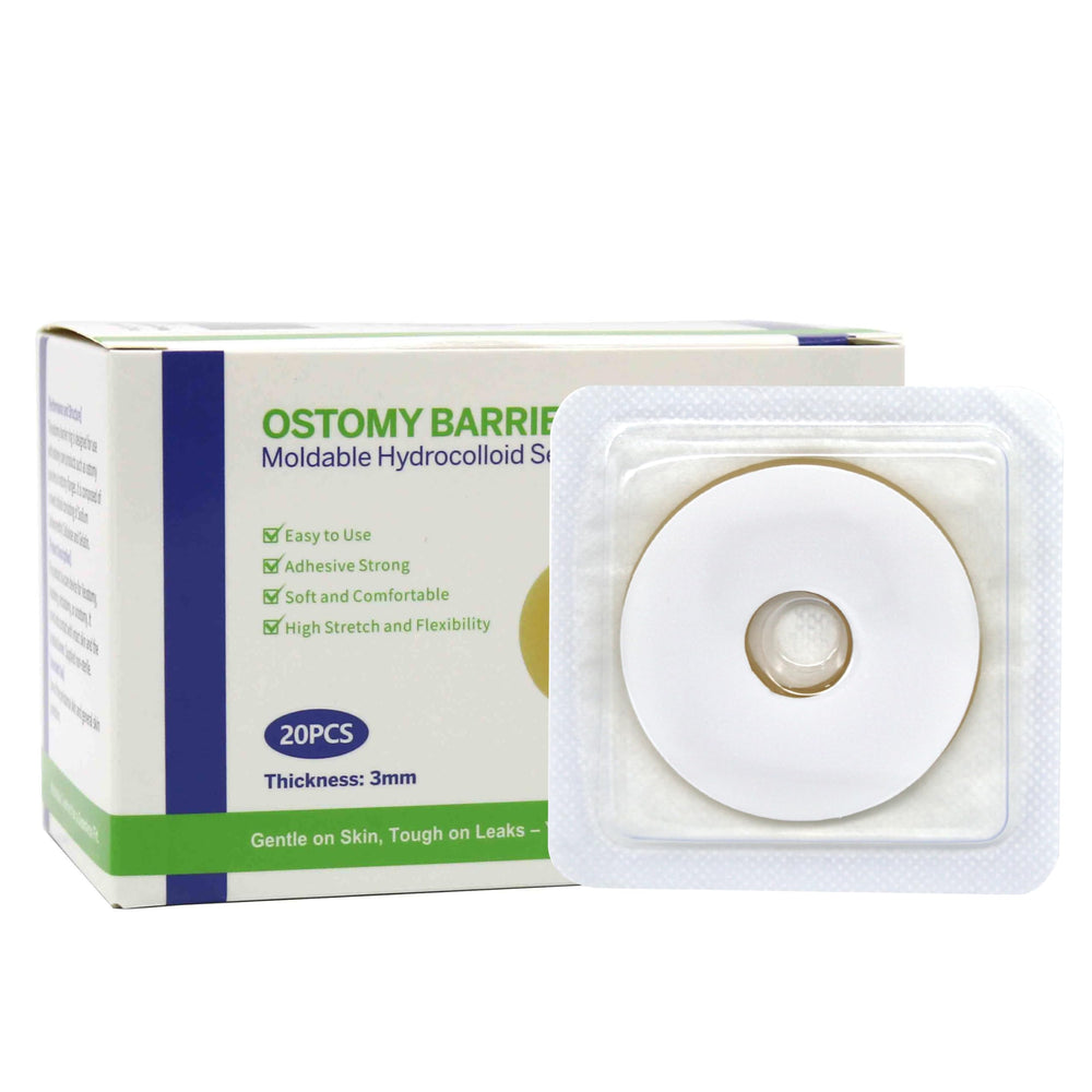 Filigan ostomy barrier ring closeup shows flexible hydrocolloid material for a gentle seal.
