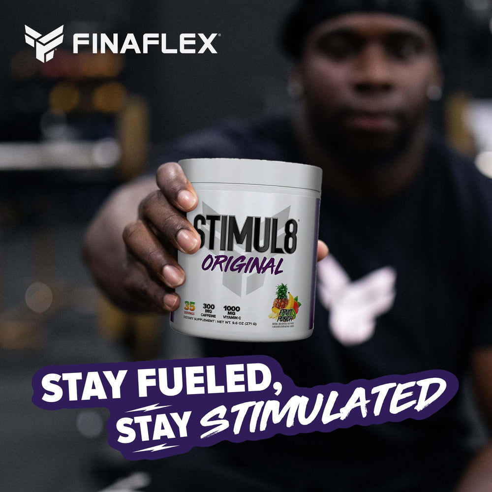 Close-up of the STIMUL8 bottle emphasizing flavor and clarity