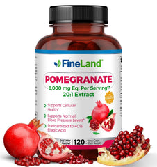 FineLand Pomegranate Extract bottle shows 20:1 potency for antioxidant support.