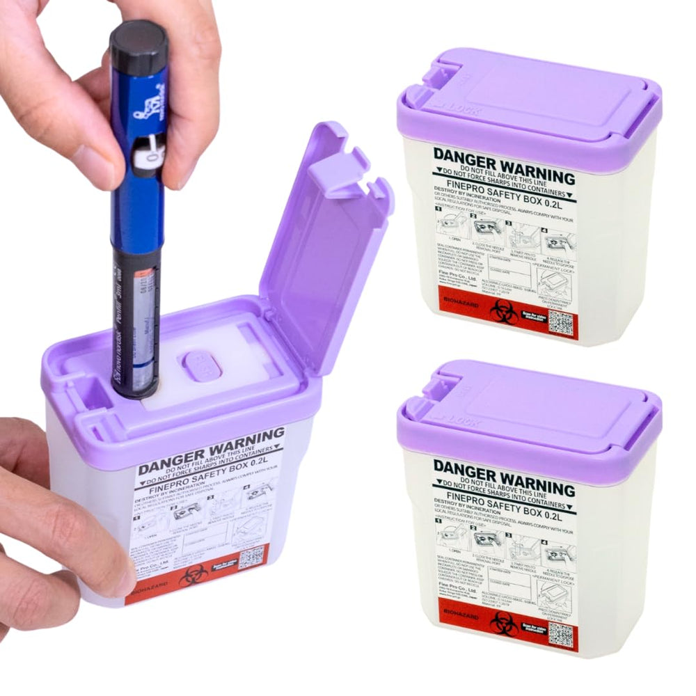FinePro pen-needle disposal container compact for travel safety