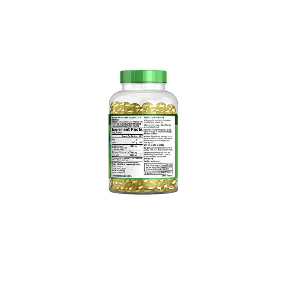 Finest Nutrition fish oil label shows 1200 mg per softgel and sustainability
