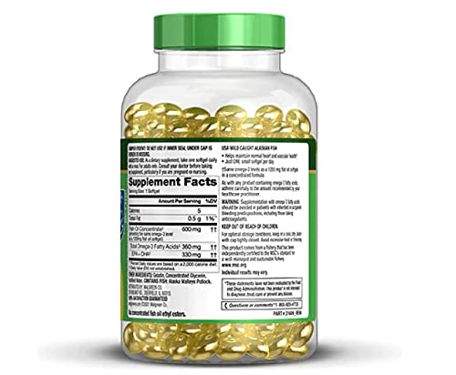 Finest Nutrition half-sized fish oil softgels highlight 330 mg EPA + DHA per capsule.