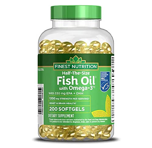 Finest Nutrition half-sized fish oil softgel bottle offers easy daily dosing for heart health.