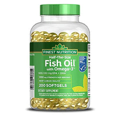 Finest Nutrition half-sized fish oil softgel bottle offers easy daily dosing for heart health.