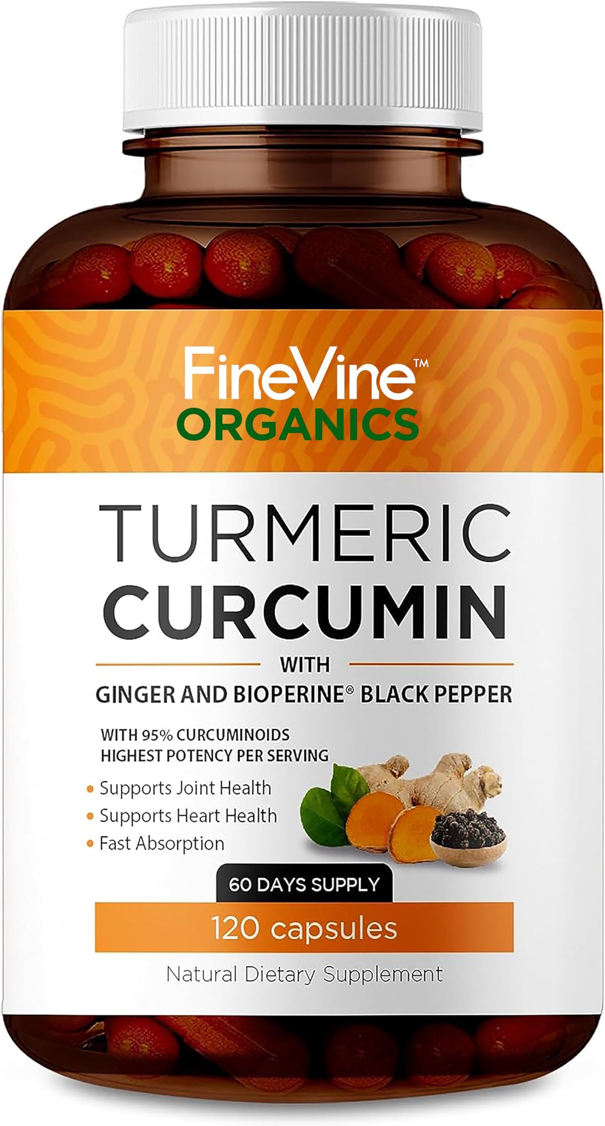 FineVine Organics Turmeric Curcumin bottle front view for joint support