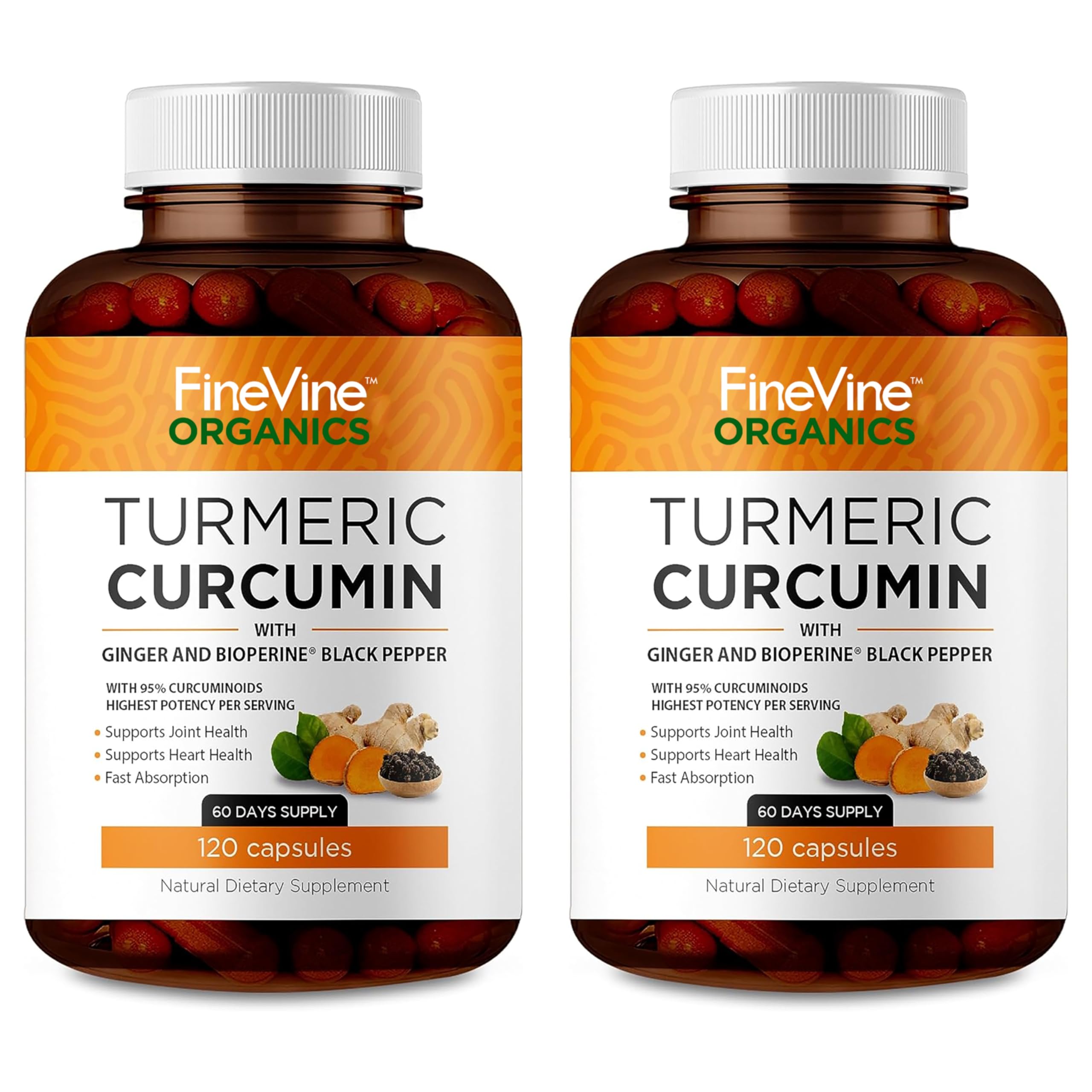 FineVine Organics turmeric curcumin capsules bottle promotes joint comfort and daily vitality.