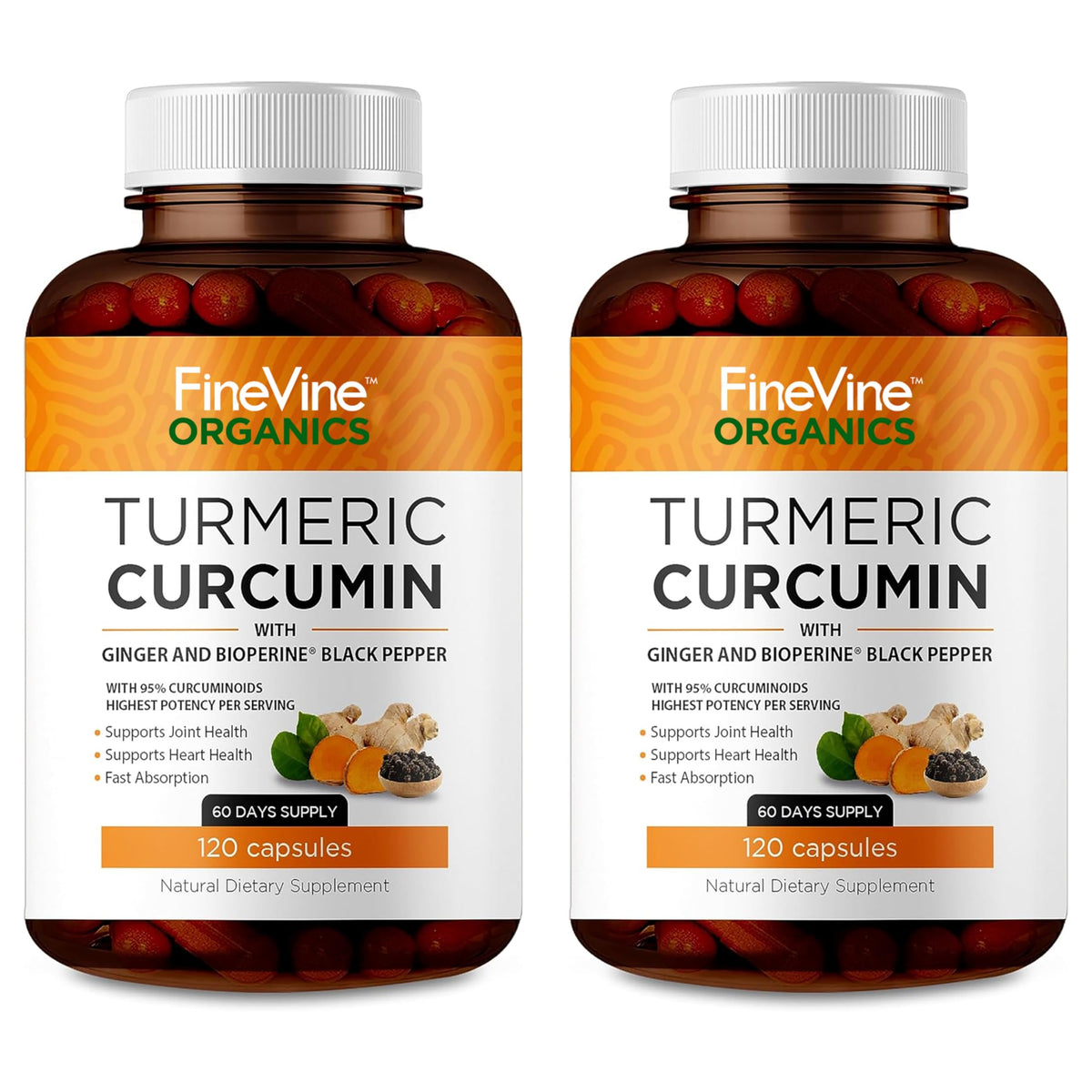 FineVine Organics turmeric curcumin capsules bottle promotes joint comfort and daily vitality.