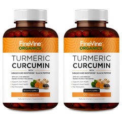 FineVine Organics turmeric curcumin capsules bottle promotes joint comfort and daily vitality.