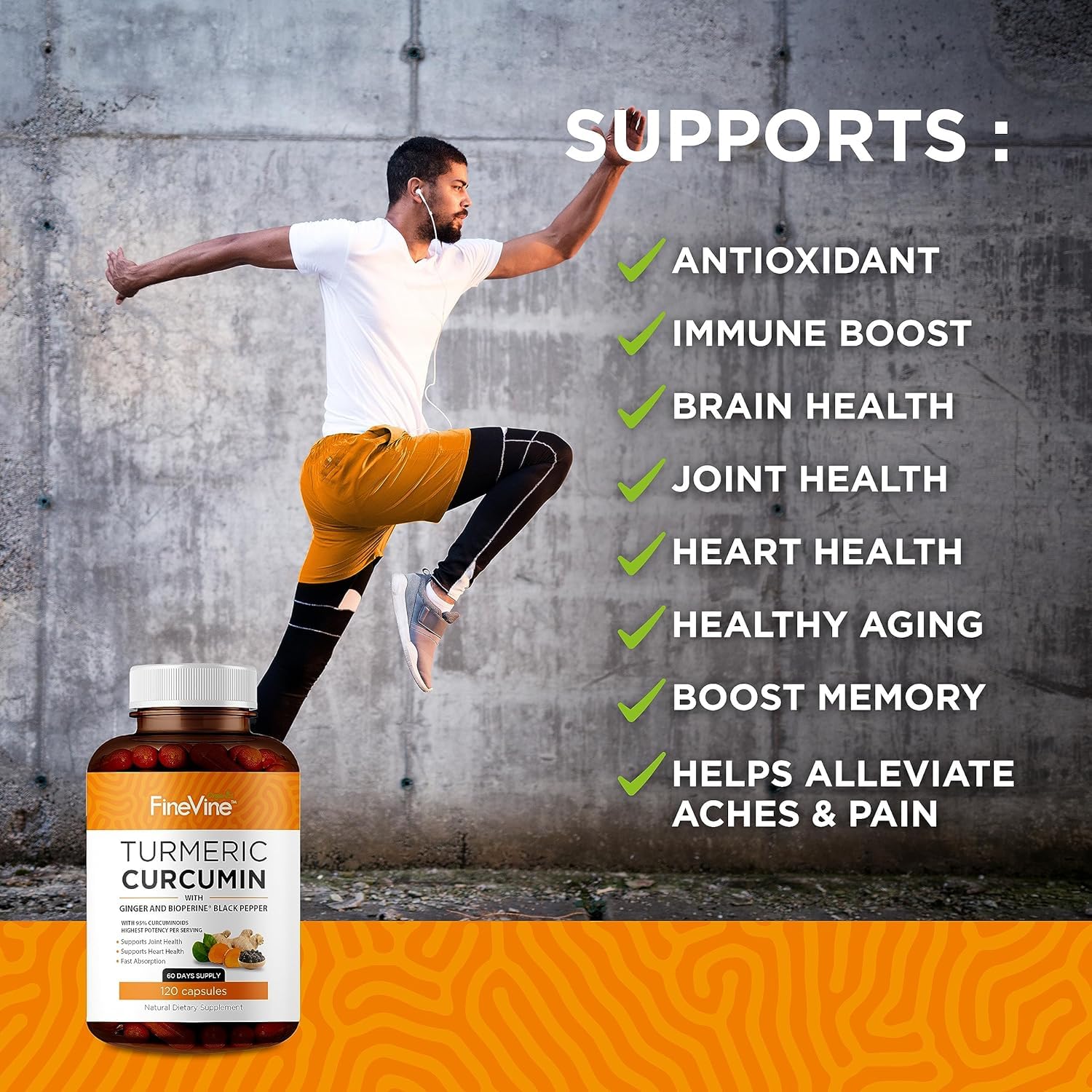 FineVine Organics turmeric visual suggesting potent ingredients for daily joint support.