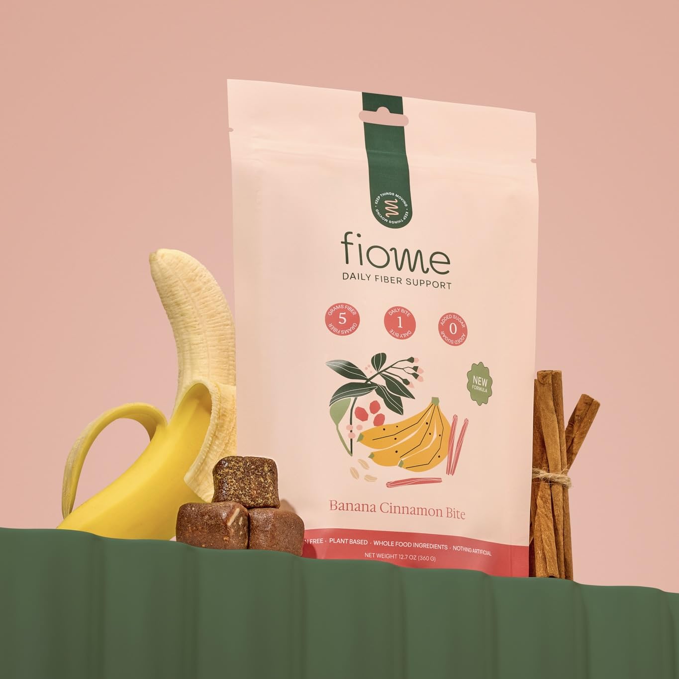 Fiome Fiber Bites on-the-go snack fits in a bag or desk