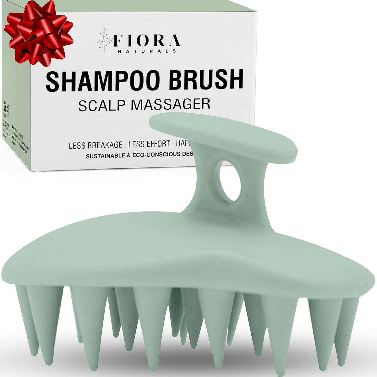 Fiora Naturals scalp massager brush close-up with ergonomic grip and silicone bristles.