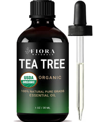 Fiora Naturals Tea Tree Oil bottle close-up for pure skincare and aromatherapy.