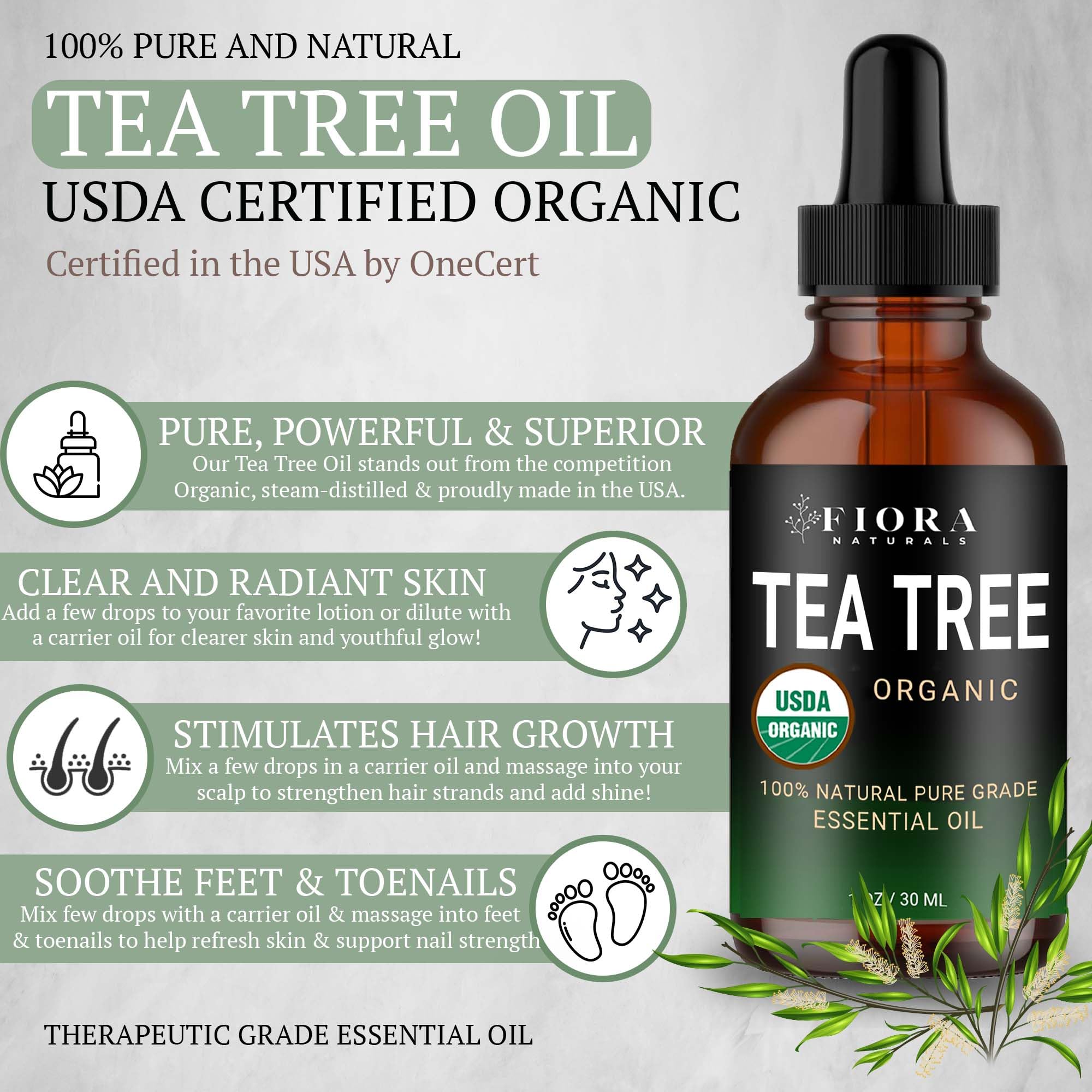 Fiora Naturals Tea Tree Oil diffuser scene highlighting therapeutic aroma.