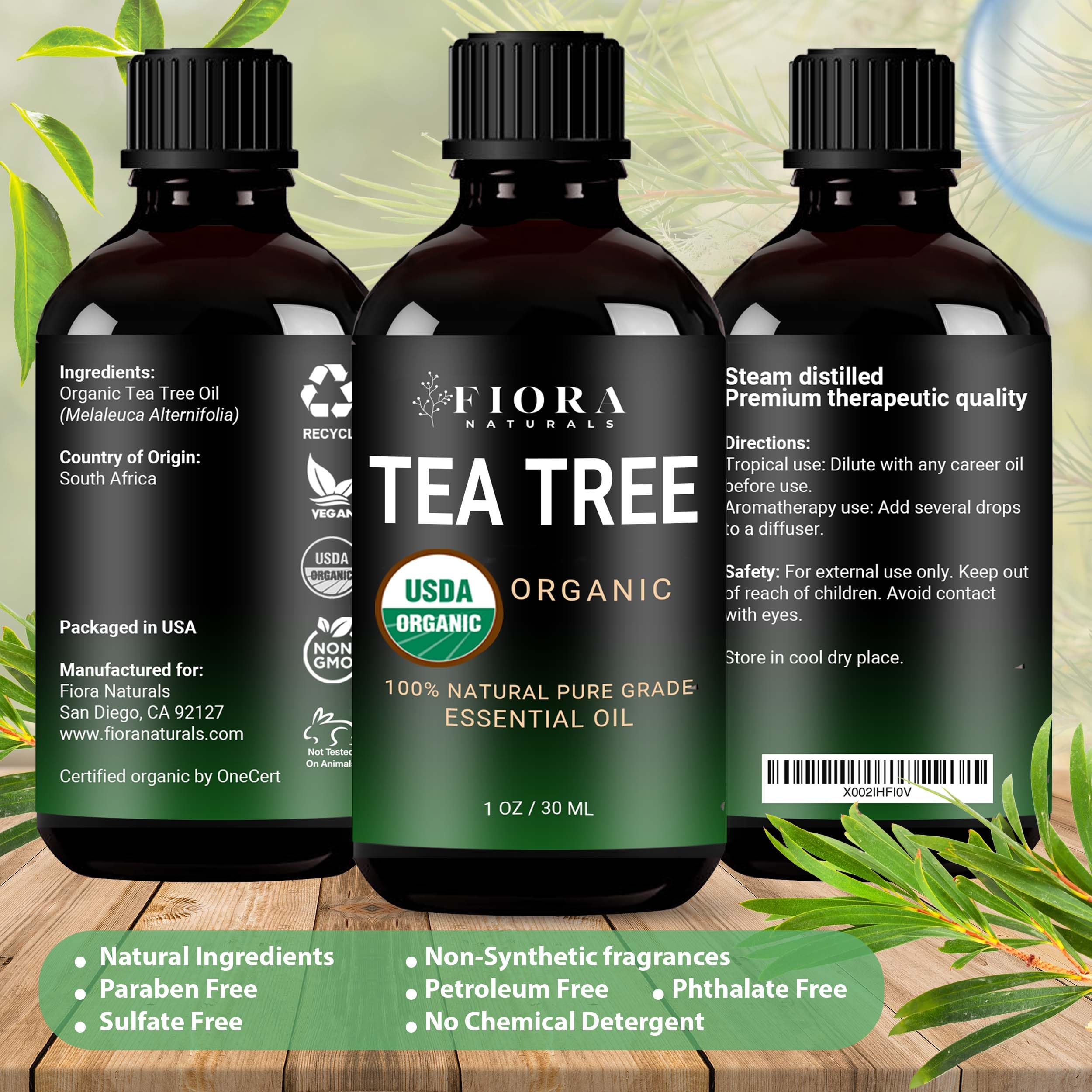 Fiora Naturals Tea Tree Oil bottle emphasizing organic purity and USA origin.