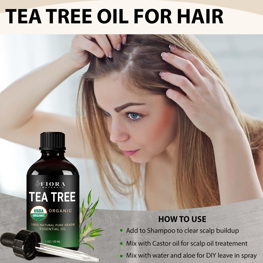 Fiora Naturals Tea Tree Oil on scalp for balanced, refreshed feel.