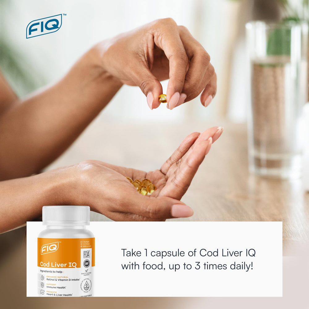 FIQ Cod Liver IQ packaging front displays branding and dosage guidance