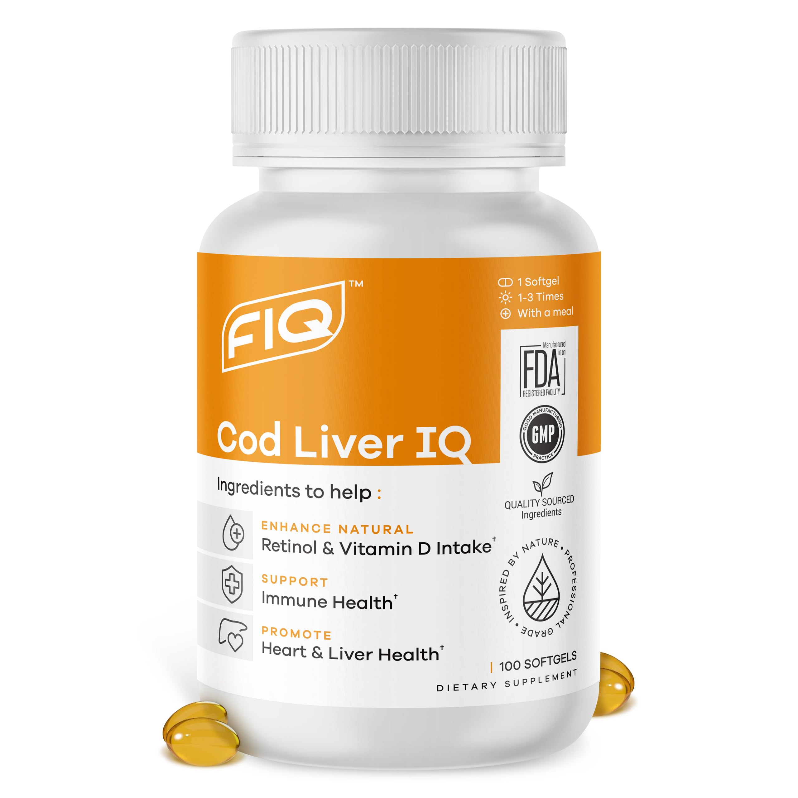 FIQ Cod Liver IQ softgels bottle showing easy-to-swallow capsules for daily omega-3 support