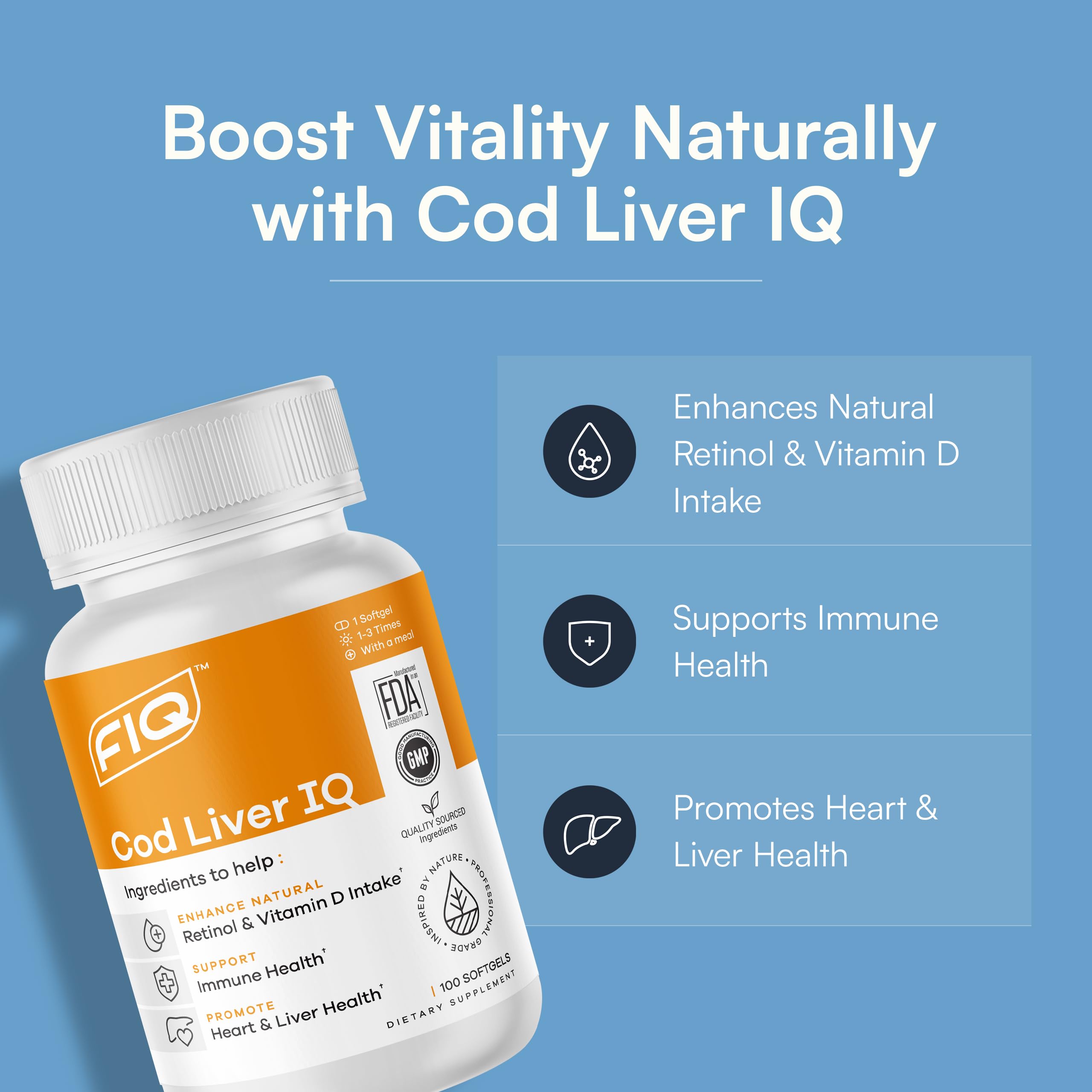 FIQ Cod Liver IQ softgels closeup highlights vitamin A and D content