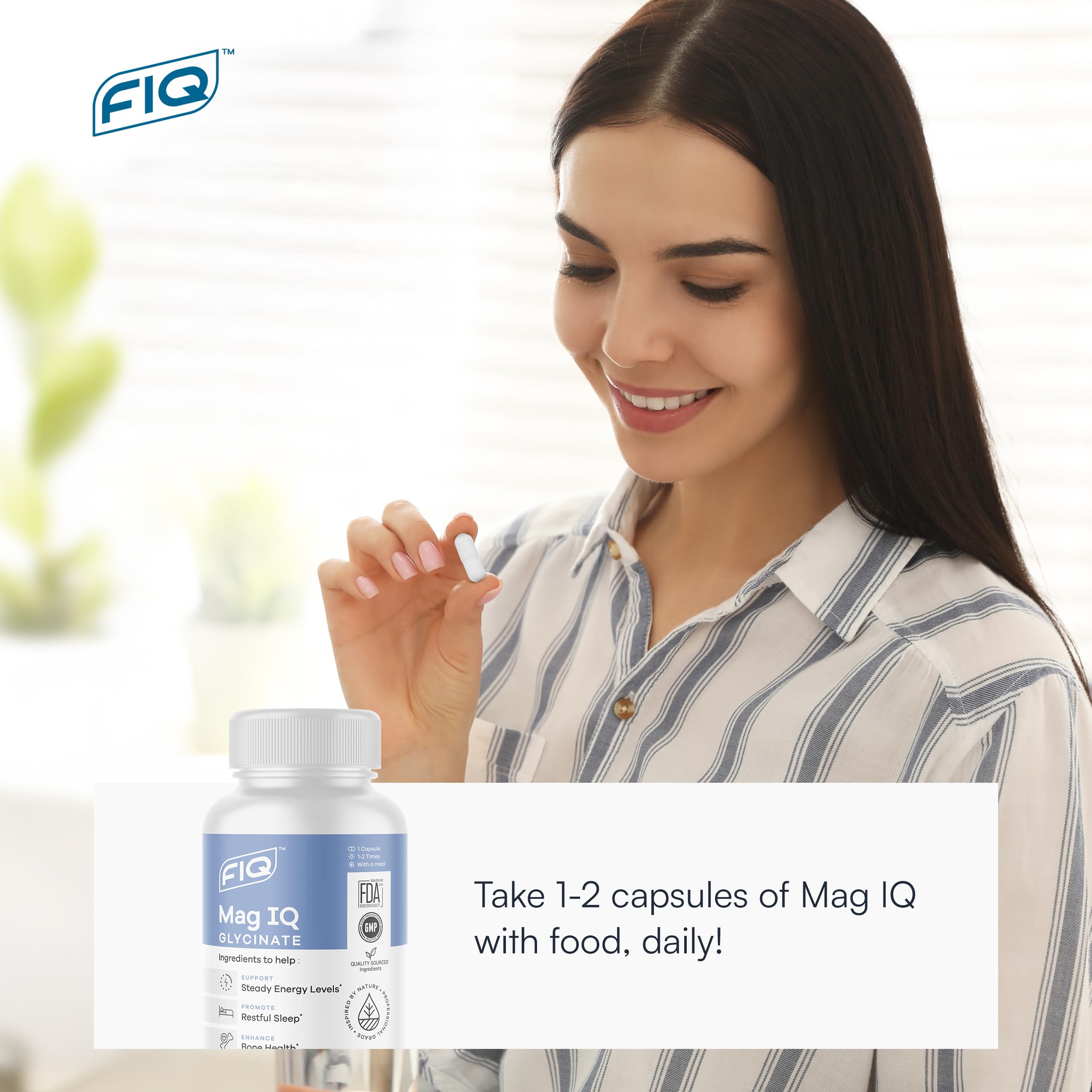 FIQ Mag IQ Glycinate packaging and bottle on a bedside table.