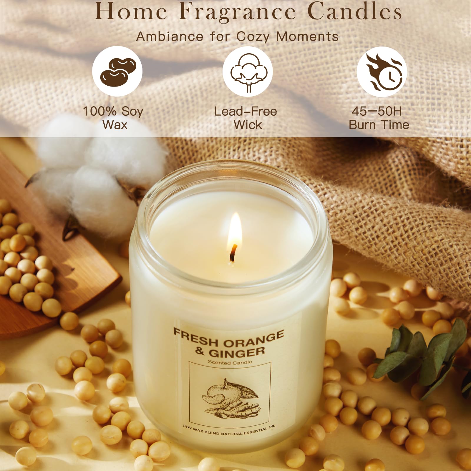 FIQNPAU orange candle close-up, warm citrus aroma for cozy days.