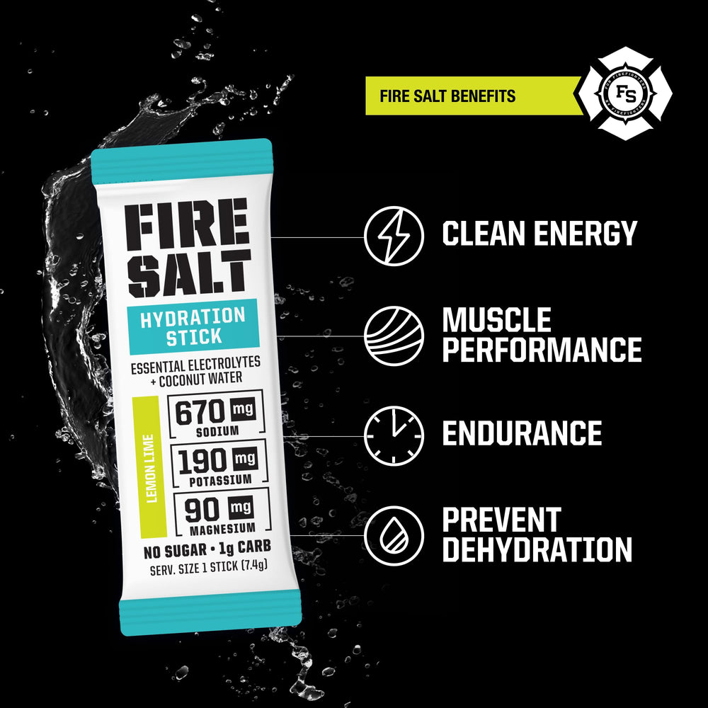 Fire Science Fire Salt Hydration Stick lemon lime being poured into a water bottle for on-the-go hydration.