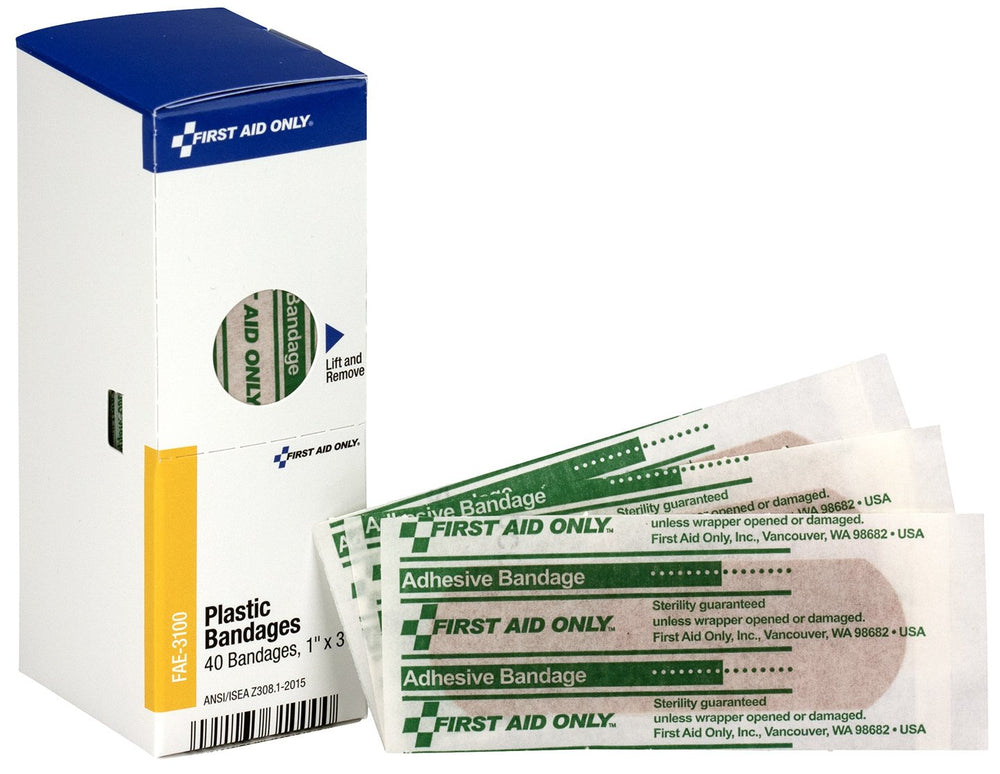First Aid Only FAE-3100 box with 40 latex-free plastic bandages for minor cuts