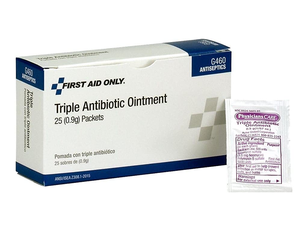 First Aid Only G460 triple antibiotic ointment packets in a box for convenient minor wound care.