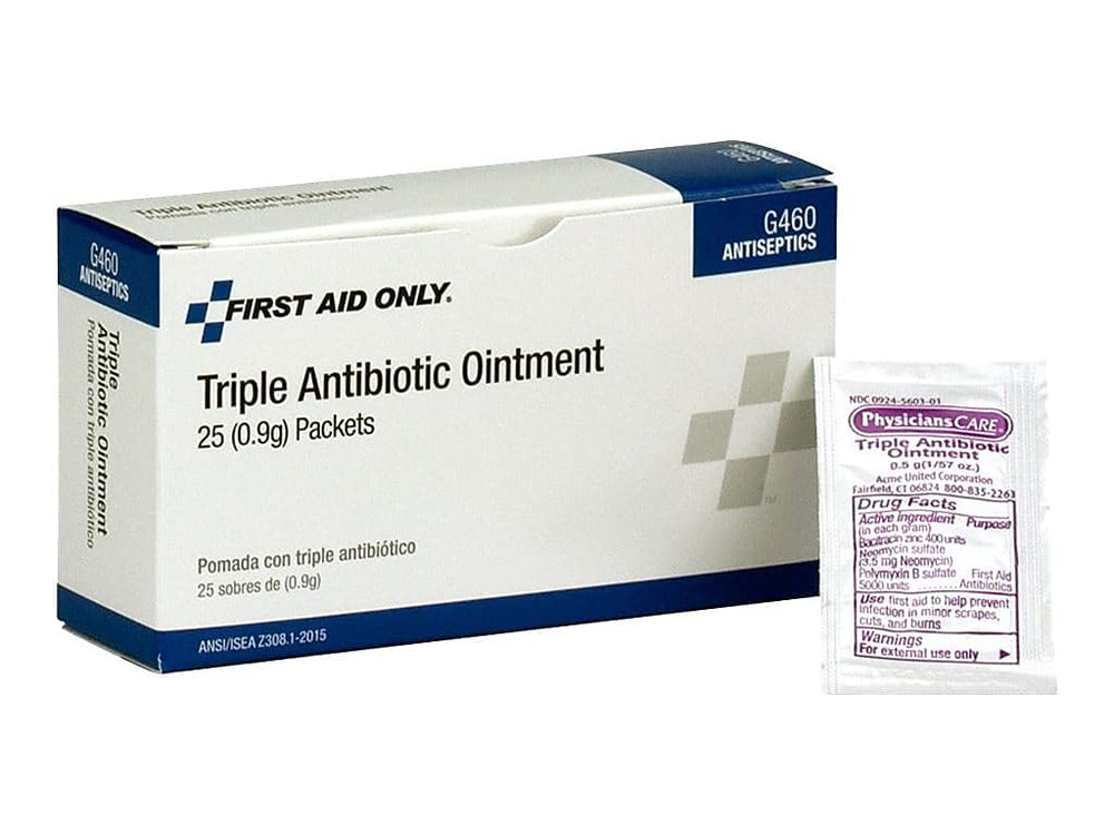 First Aid Only G460 triple antibiotic ointment packets in a box for convenient minor wound care.